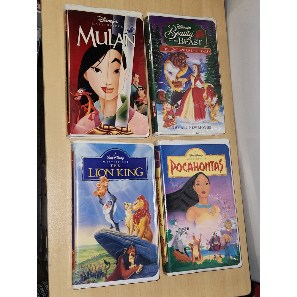VHS Lot of 4 Disney VHS Tapes Mulan Pocahontas The Lion King Beauty & The Beast